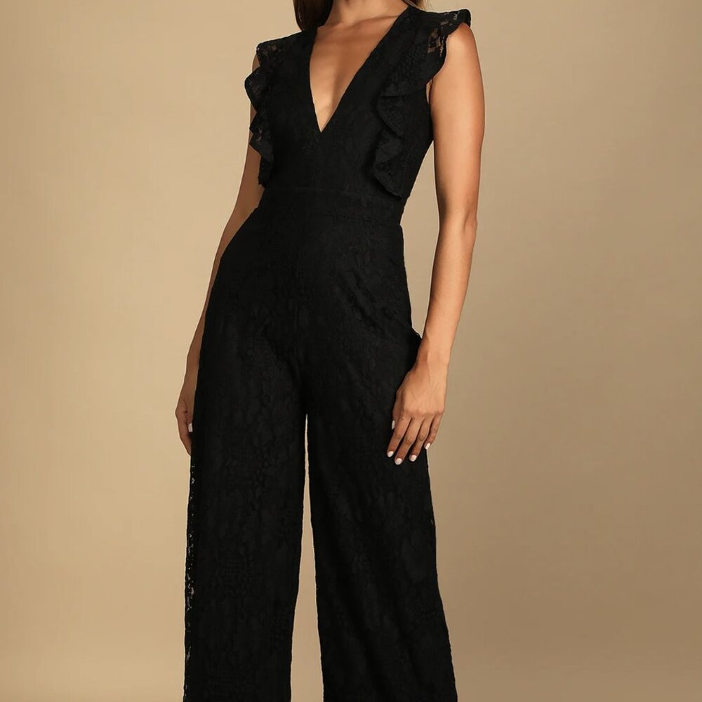 NWT Lulus Molinetto Black Lace Ruffled Sleeveless Jumpsuit